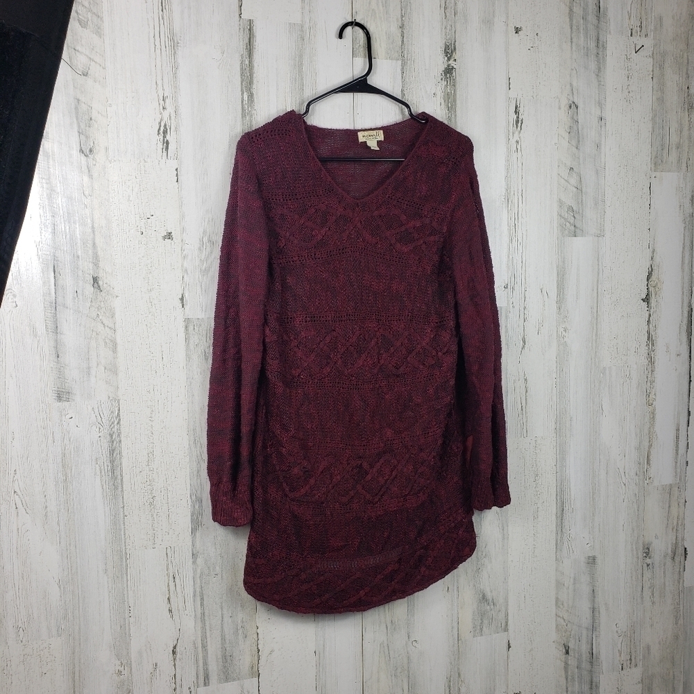 one world marron knit, lace back trim sweater women's size large